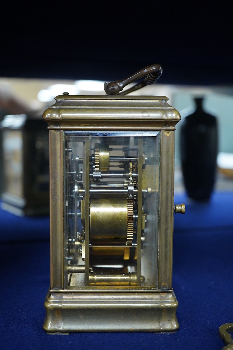 An early 20th century A. Margaine brass gorge-cased Grande Sonnerie carriage clock with alarm and repeat, by with key, 18cm high